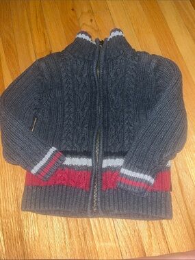Calvin Klein Jeans Dark Gray Cable-Knit Zip Sweater with Red & White Stripes